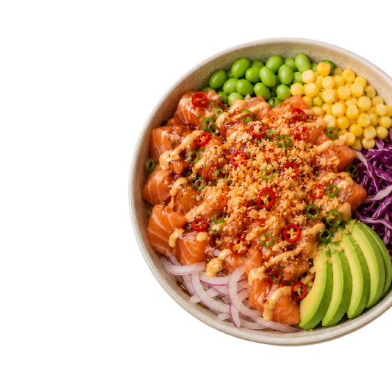 Poke bowl with fish, vegetables and rice
